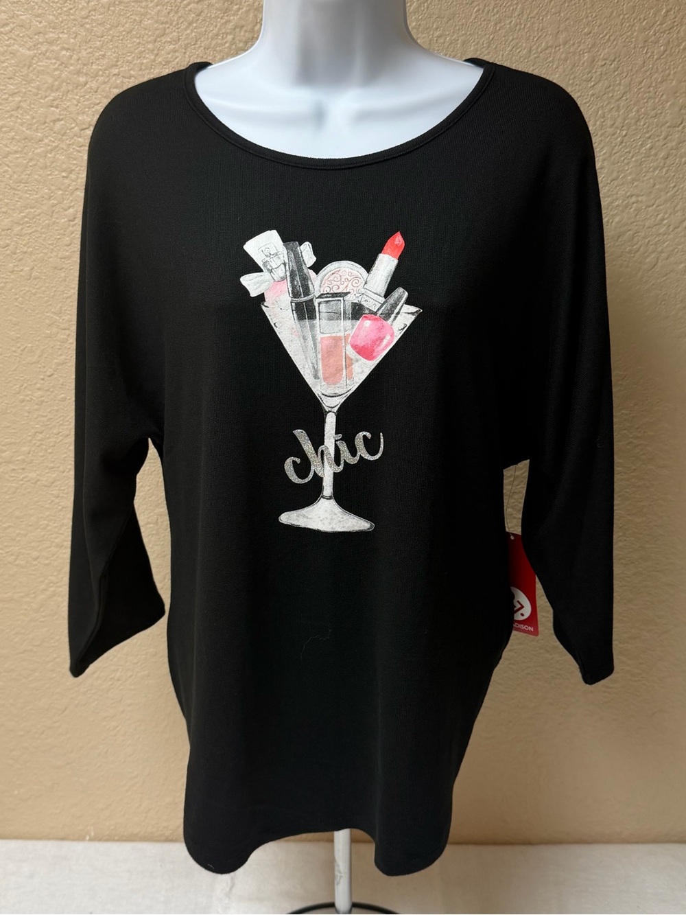 4/$20 89th & Madison Black Long Sleeve Top with Makeup Martini Graphic